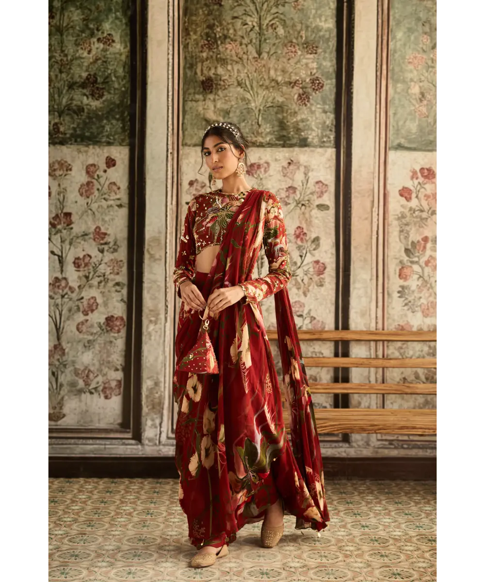 DIYARAJVVIR - Red Floral Printed Skirt Saree Set